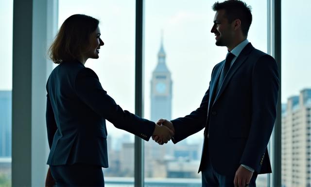 Two professionals shaking hands in a modern London office