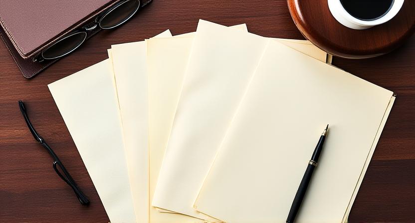 Overhead view of several legal documents and a fountain pen on a mahogany desk