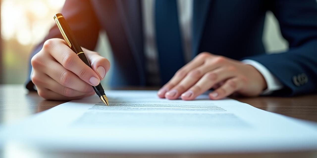 Close-up of a professional signing a legal contract in a modern London office
