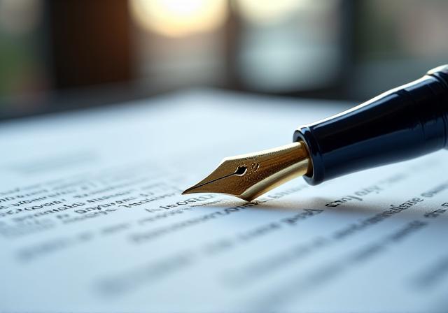 Close-up of a professional fountain pen resting on a detailed legal contract with a blurred London office background