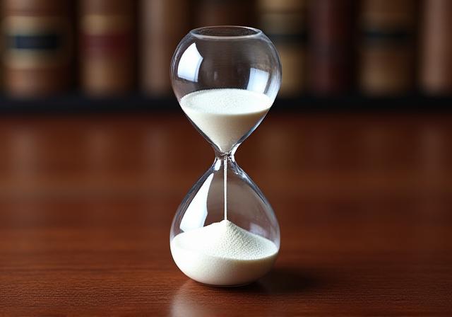 A sleek hourglass on a mahogany desk representing the term and duration of a legal contract